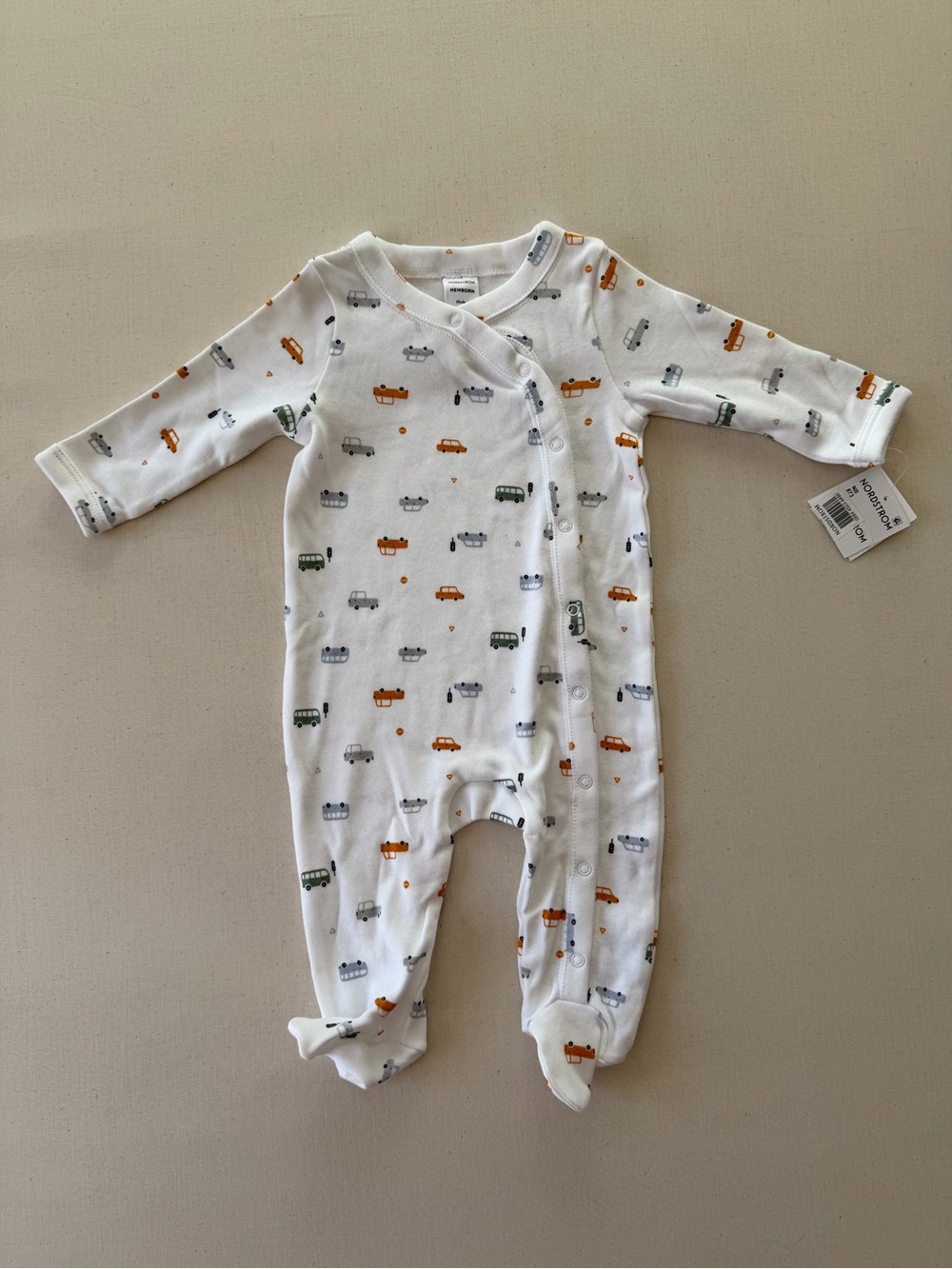 Nordstrom White Footed One-Piece with Orange, Green and Gray Car Print